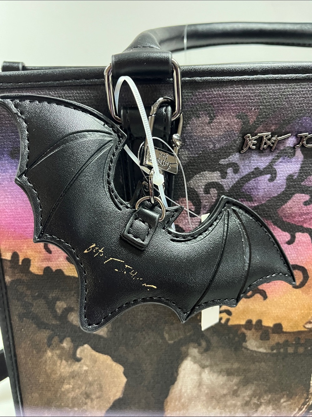 Betsey Johnson Black and Purple Haunted House Crossbody Bag with Bat Charm - Picture 2 of 16